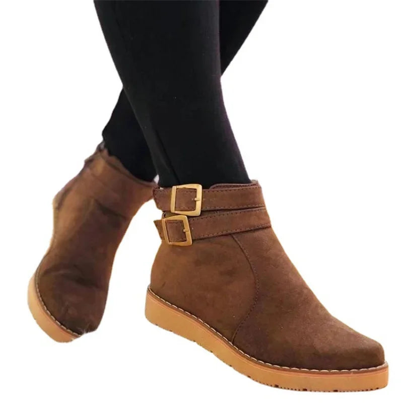 Ankle Boots Women Buckle Flat Suede Snow Boot Fashion Denim Winter 2024 New British Style Brown Warm Botas Mujer Plus Size 36 43