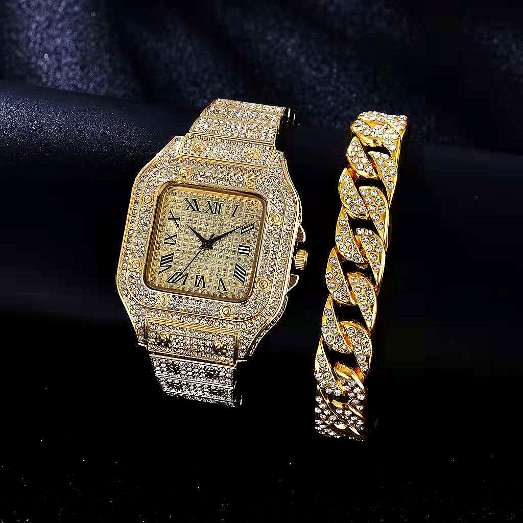 2pcs/set, Men's Large Dial Square Rhinestone Watch & Chain Bracelet