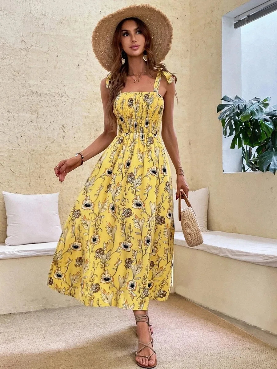 Floral Long Dress Women Fashion Backless Sleeveless Bandage Beach Sundress Casual Green Summer Ladies New In Dresses 2023