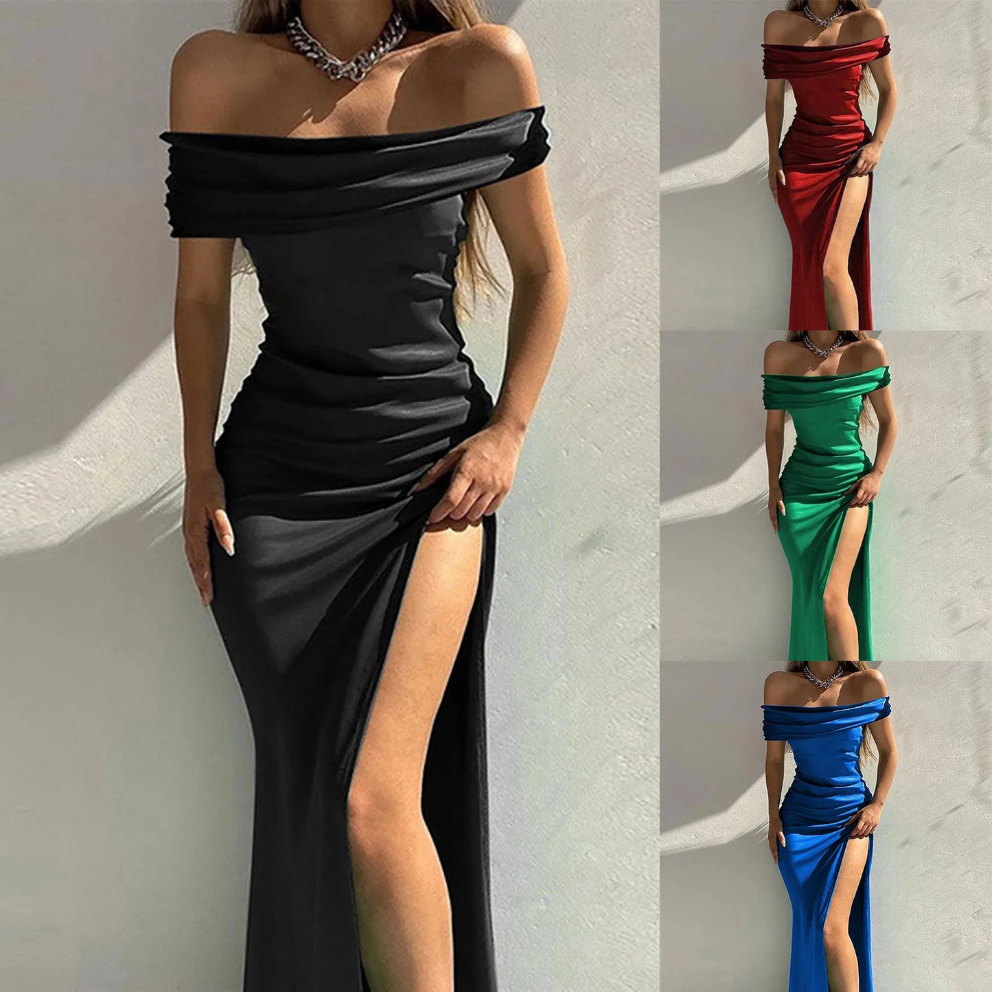 Elegant Solid Off Shoulder Dress Women High Side Split Luxury Formal Maixi Dresses Ladies Vestidos Evening Party Dresses