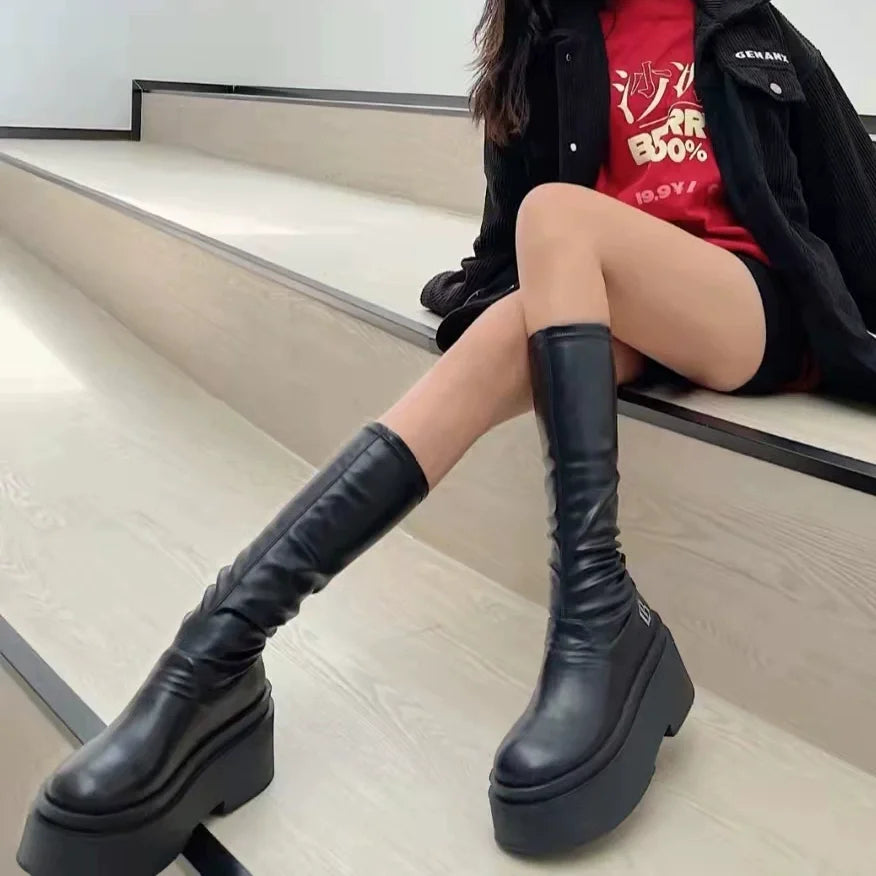 Autumn Winter Women Knee High Boots Pu Leather Soft Platform Ladies Shoes 2024 Fashion Female Boots Women's Long Boots Q108