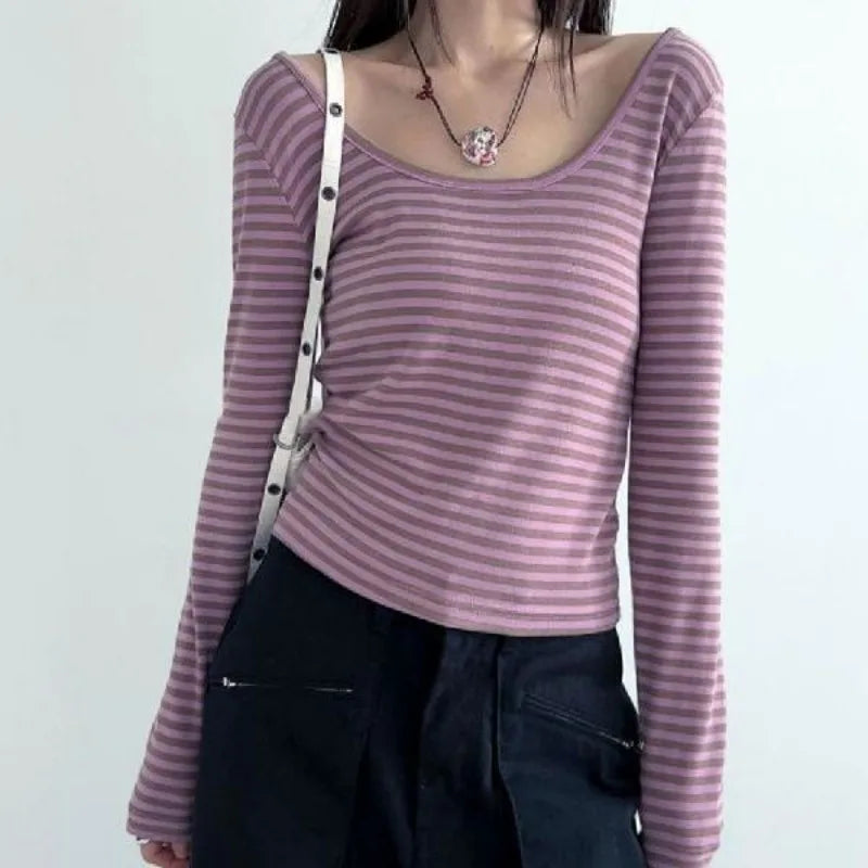 Sweet  Gentle Retro Stripe Versatile Tee Slim Fit Long Sleeved T-shirt Round Neck Bottom Shirt Short Top Female Clothes