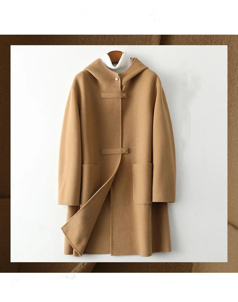 New Fashion Hooded Double-sided Cashmere Coat Women Autumn Winter Double-sided Woolen Windbreakers Temperament Slim Wool Coats