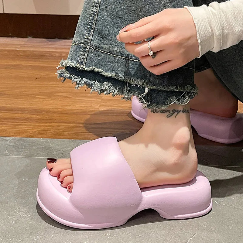 Ladies High Heels House Slippers Summer New Flip Flops Woman Eva Soft Sole Flat Shoes Non-Slip Slides Beach Sandal Candy Color