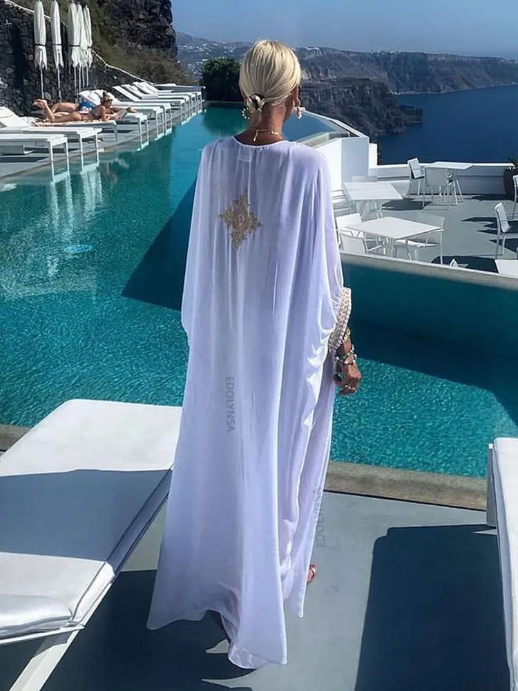 2023 Elegant Gold Embroidered Loose Kaftan House Robe Retro V-neck White Dress Women Summer Beach Wear Swim Maxi Dresses N1373