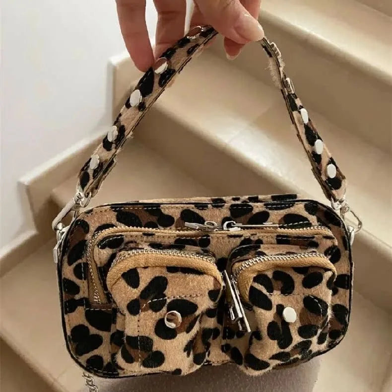 Lux Trendy Vintage Fashion Style Leopard Texture Print Shoulder Bag for Women Hip Hop Street Style Cross-body Bad Female