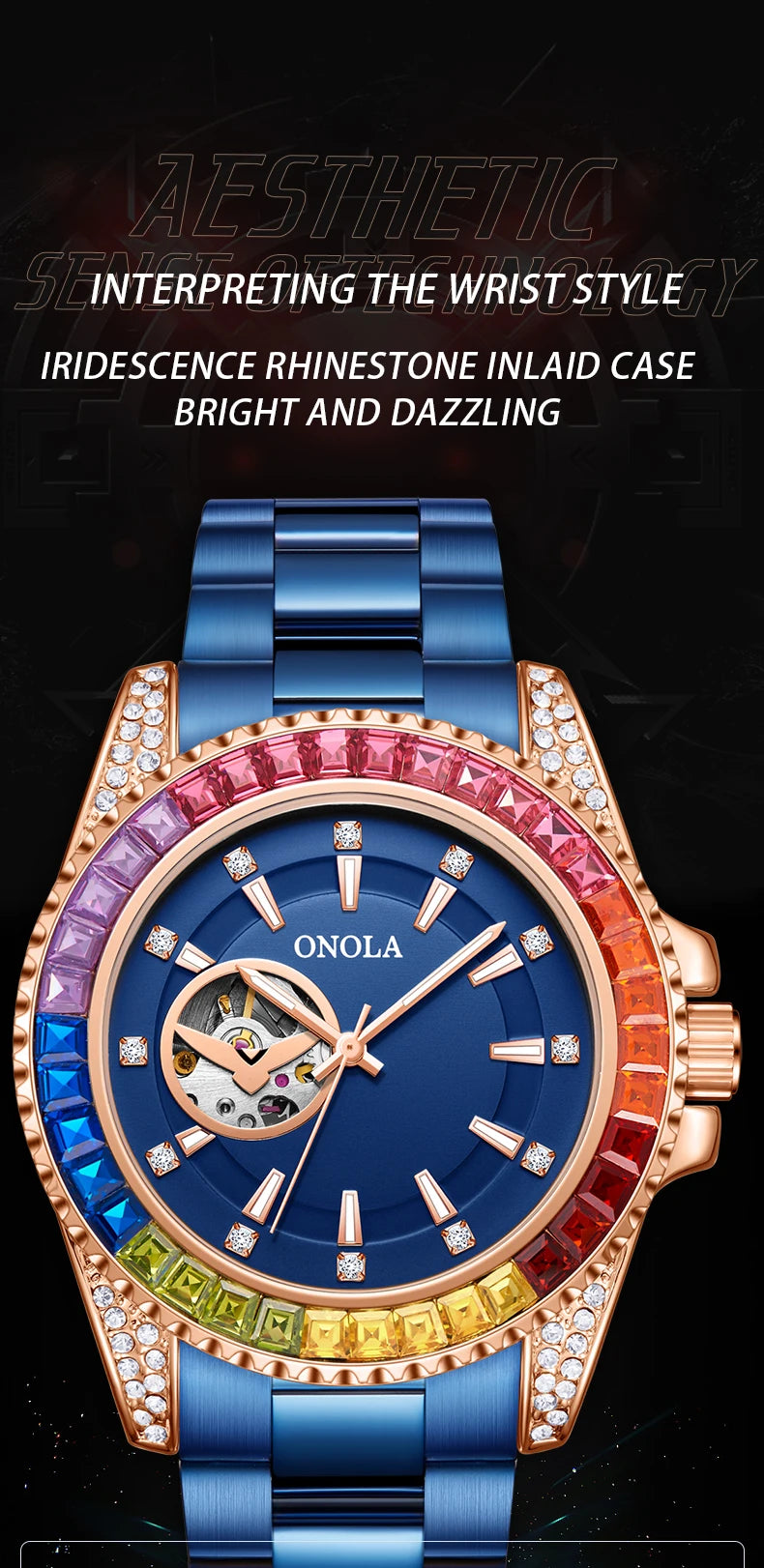 Fashion Colored Diamond Hollowed Out Watch for Men ONOLA Fully Automatic Mechanical Precision Strap for Men's Watch Clock