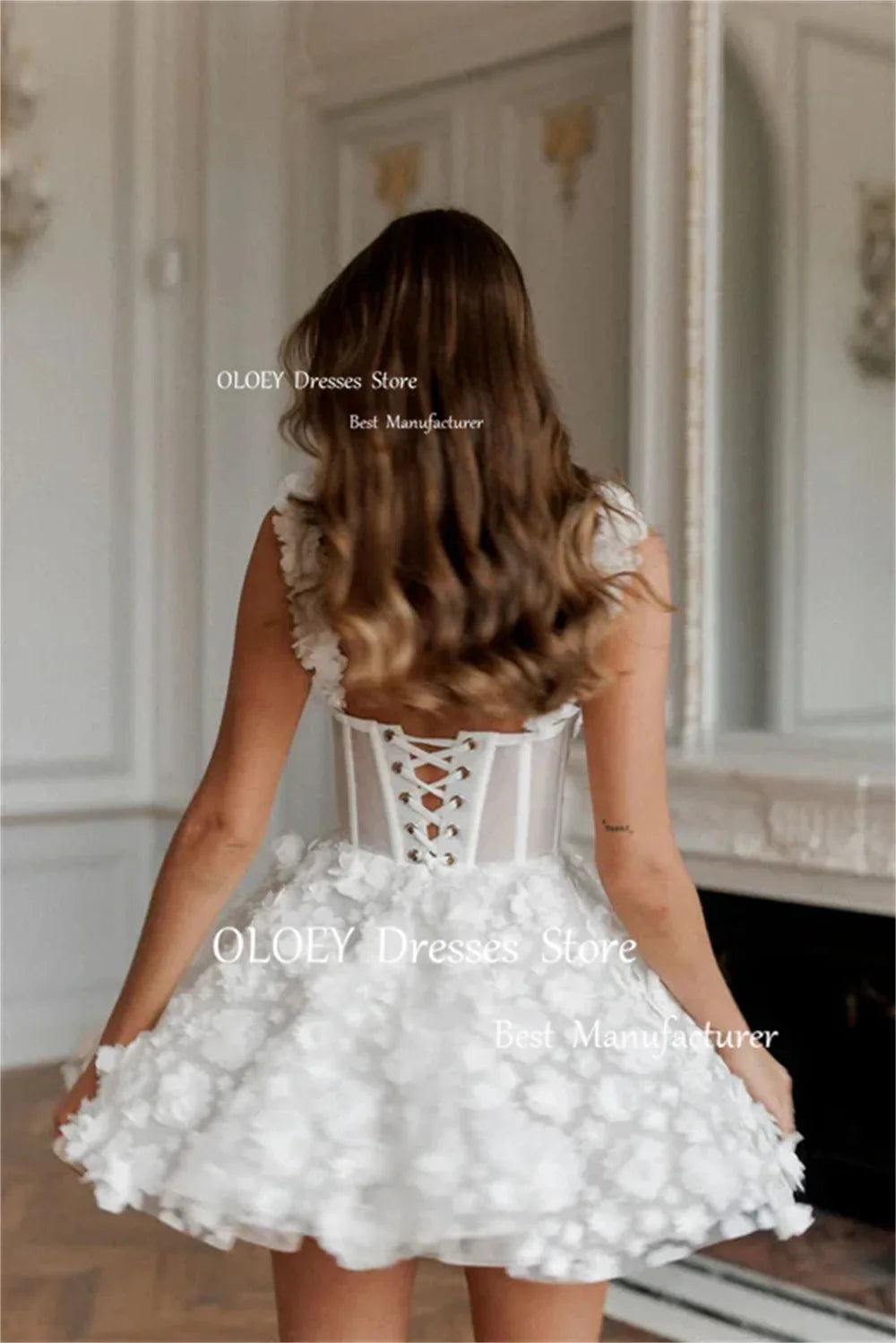 OLOEY Ivory Spaghetti Straps Short Wedding Dress Corset Sleeveless Exquisite Lace 3D Flowers A Line Free Custom Bridal Gowns