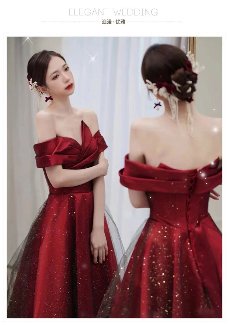 Women Summer Satin Toasting Gown Bride's High-end Feeling, Light Wedding Dress, Red One Shoulder Engagement, Thank-you Banquet