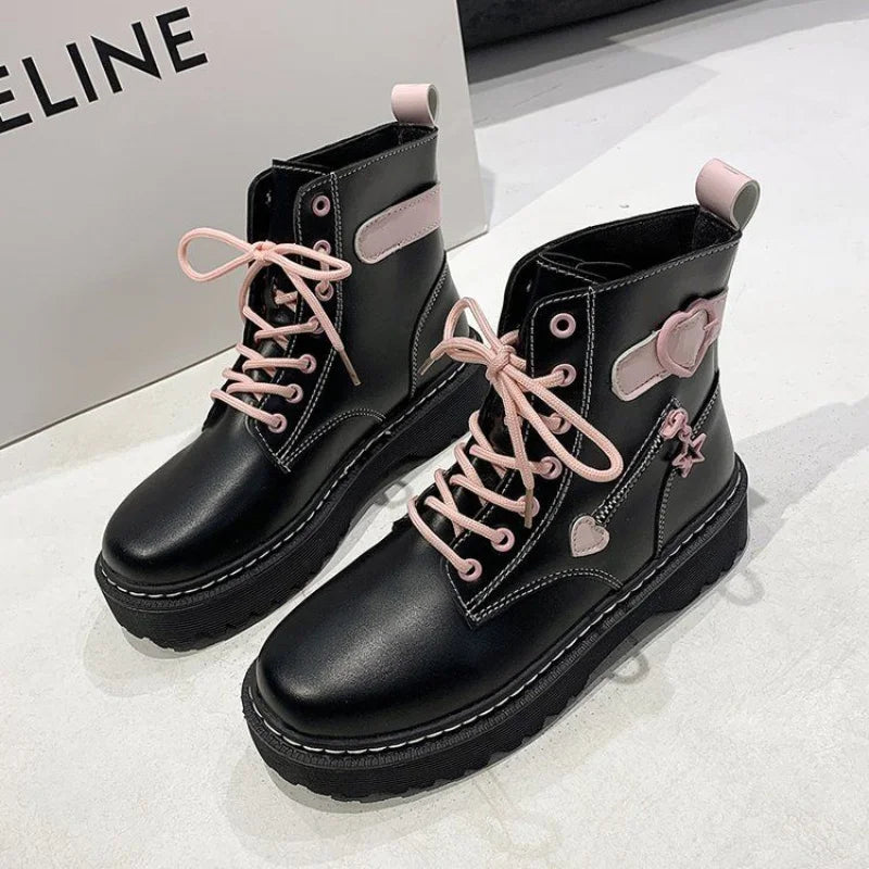 New College Style Martin Boots Women Autumn 2021 Girl Love Round Toe Lace-up Short Boots Y2k Aesthetic Goth Punk Platform Shoes