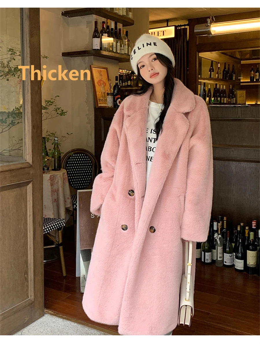 Thicken Warm Long Faux Fur Jackets Loose Warm Imitate Mink Coats Korean Winter Furry Padding Outerwear Women Luxury Overcoat