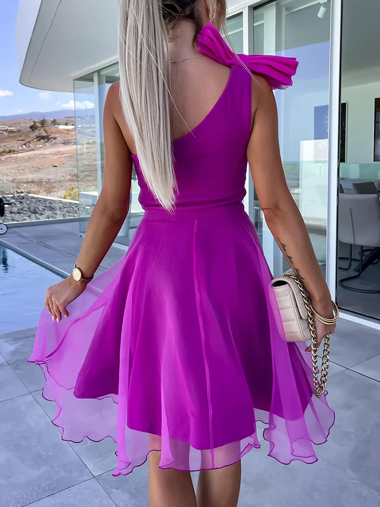 Sexy Women One Shoulder Sleeveless Mini Dress Elegant Backless Zipper Solid Party Dress Summer Ladies Mesh Patchwork Sweet Dress