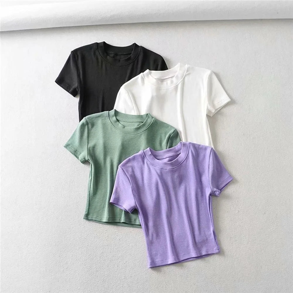 Women's Short Sleeve Crop Top Solid Slim Fit Crew Neck Tee Basic Skinny Ribbed Tight Athletic Casual Workout Yoga Tshirt