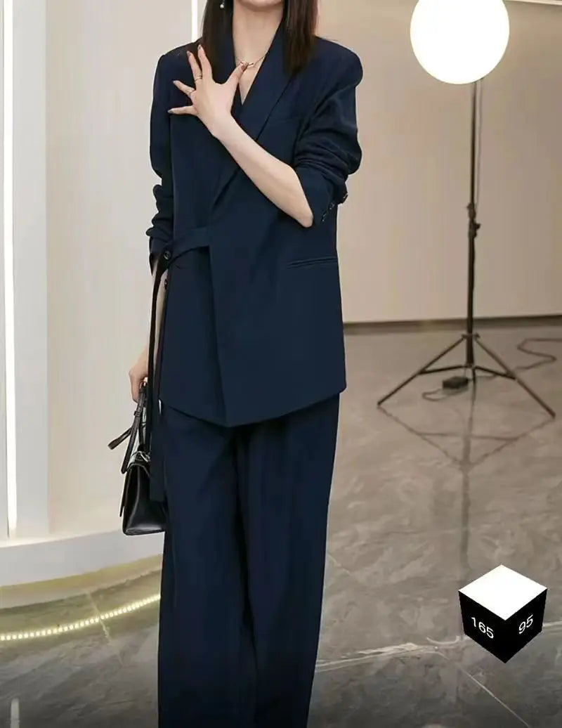 Women's Spring Autumn New Casual Suit Jacket Matching Set Korean Elegant Loose Blazers Wide Leg Pants Two Piece Female Clothing