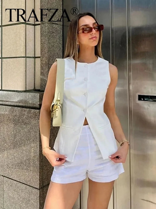 TRAFZA Women Elegant White Blazer Vest O Neck Single Breasted Sleeveless Waistcoat Tops Slim Commuting Female Casual Vests