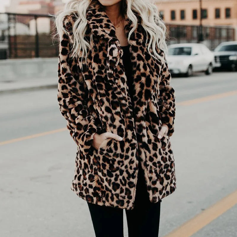 Faux Fur Coat Women New Winter Fashion Leopard Print Outerwear Warm Long Sleeve Artificial Fur Jacket Plush Clothing S-5XL