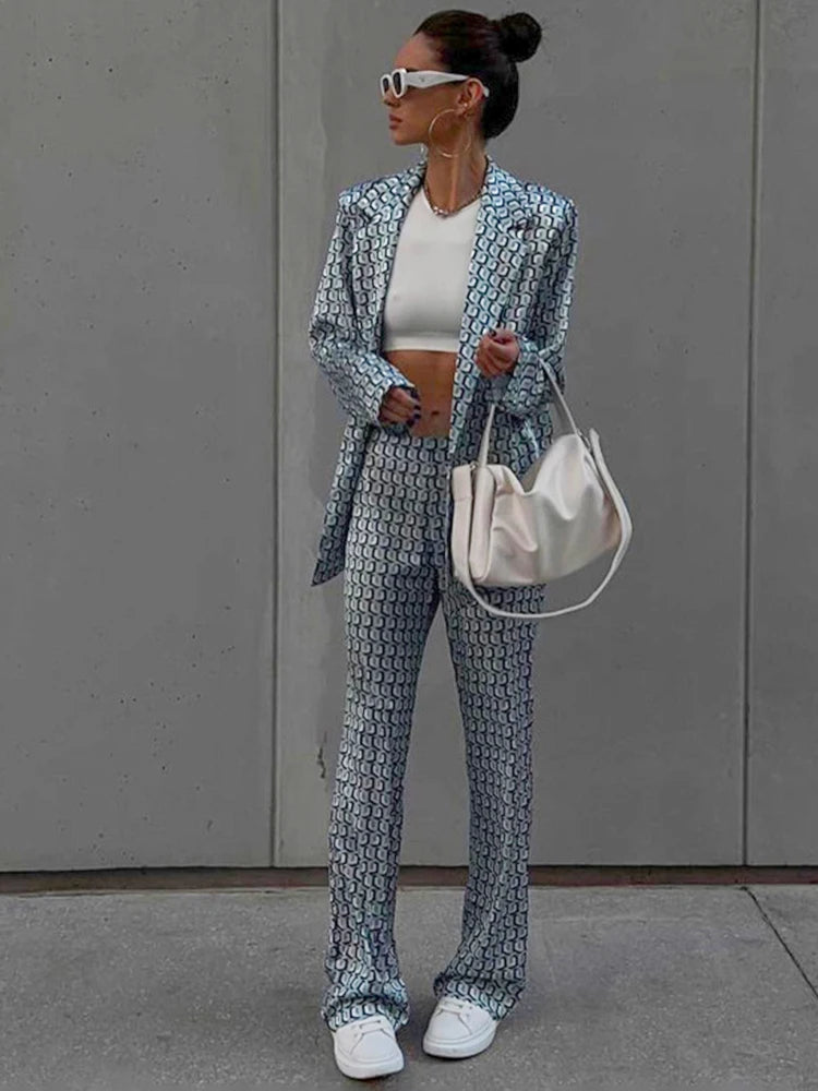 2023 Autumn Winter Women Office Satin Suit Sets Printed V-neck Long Sleeve 2 Piece Pant Matching Set