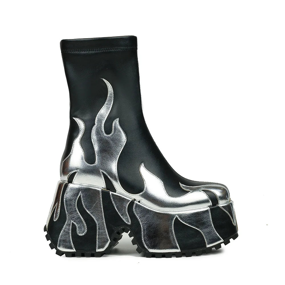 2024 European and American Personality Spicy Girl Colored Flame Short Boots Women's Fashion Thick Sole Side Zipper Boots