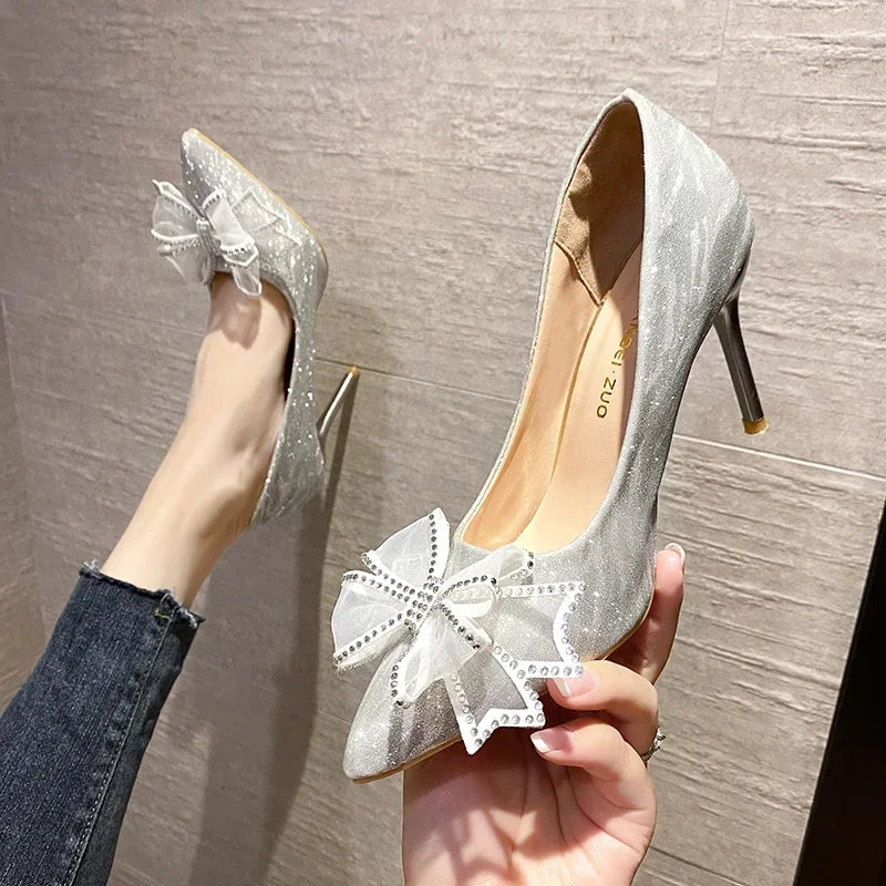 Women's Pumps Cinderella Shoe Rhinestone High Heels Women Pointed Toe Bow-knot Shoe Crystal Party Wedding Shoes Zapatillas Mujer