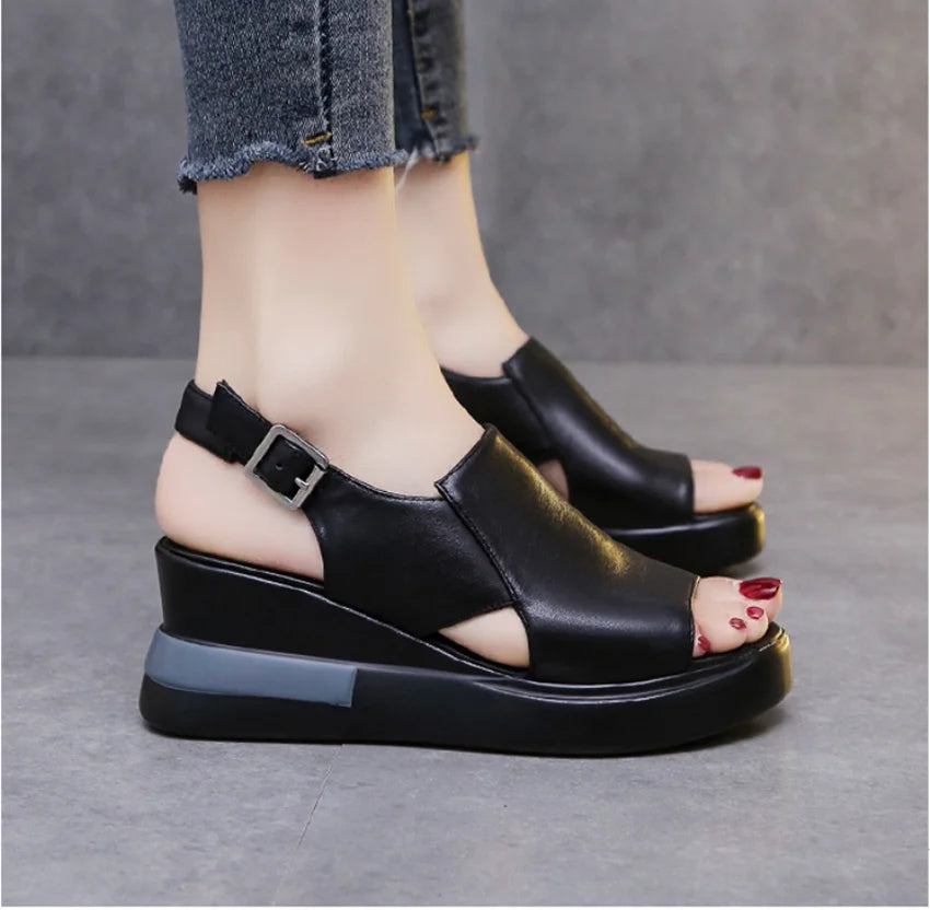 Thick-soled Wedge Sandals Women 2022 New Summer High-heeled Fish Mouth Women's Shoes Soft Leather High Platform Shoes Slippers