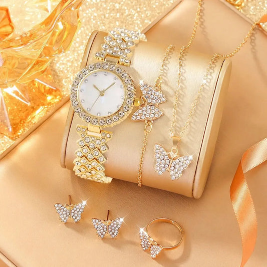 6Ps Women's Fashion Trend Luxury Luxury Rhinestone Roman Shell Quartz Watch Butterfly Rhinestone Necklace Ring Bracelet Gift Set