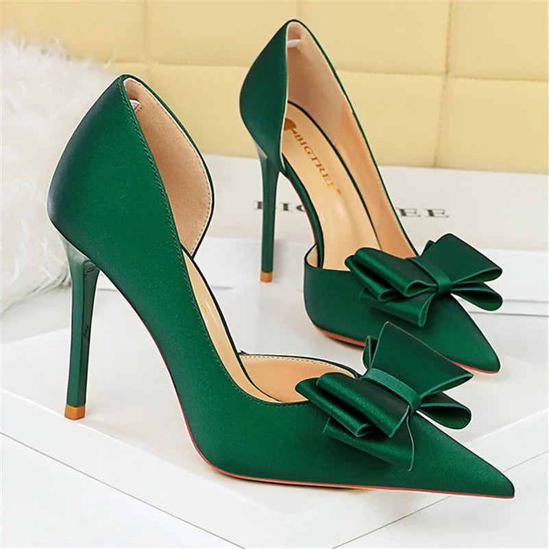 Women 10.5cm High Heels Silk Butterfly Knot Purple Green Pumps Lady Wedding Bridal Escarpin Blue Peach Evening Party Sweet Shoes