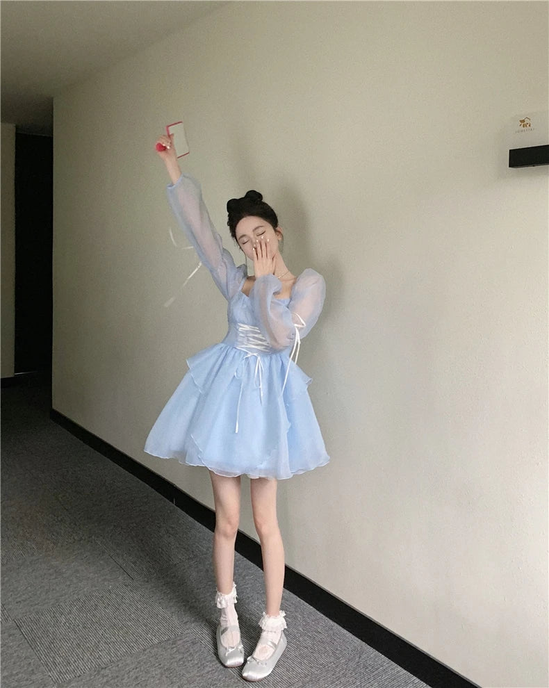 Bodycone Mini Dress Women Blue Aesthetics Princess Summer Long Sleeve Temper Bandage A-line High Waisted Gauze Kpop Fashion Chic