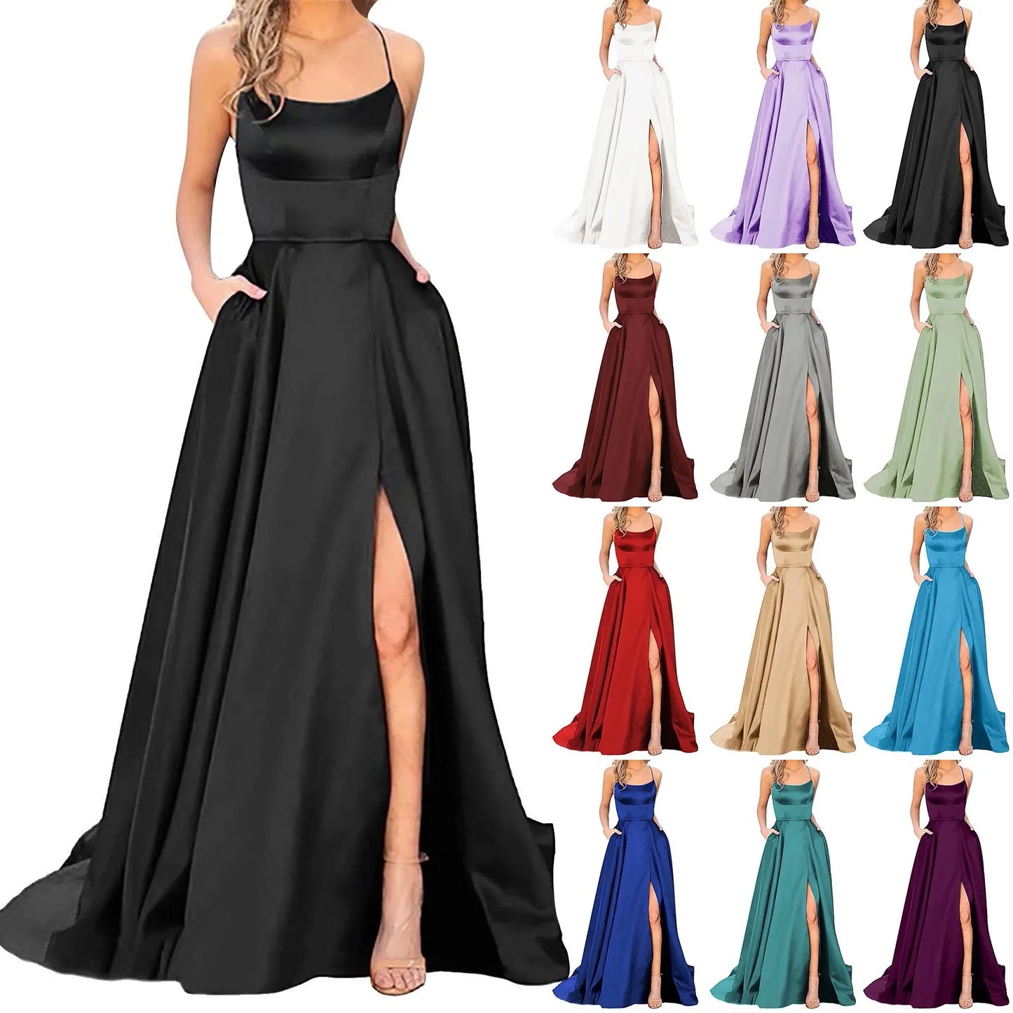 Prom Dresses Ladies Long Women Elegant Halter Backless Long DressesCrisn Satin Spaghetti Party Prom Dress Side Slit Wedding