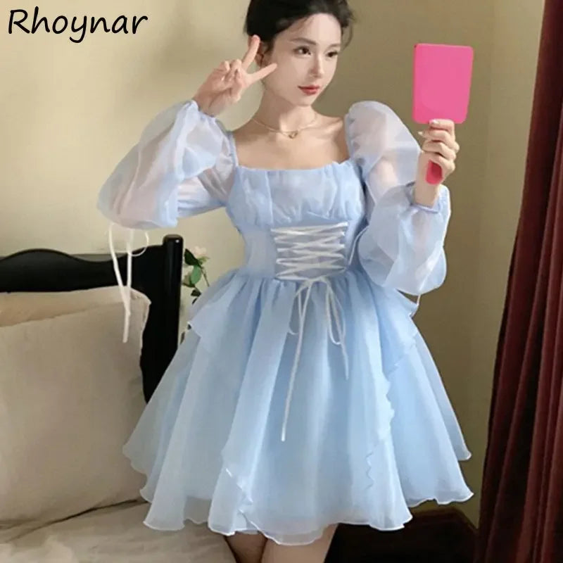 Bodycone Mini Dress Women Blue Aesthetics Princess Summer Long Sleeve Temper Bandage A-line High Waisted Gauze Kpop Fashion Chic