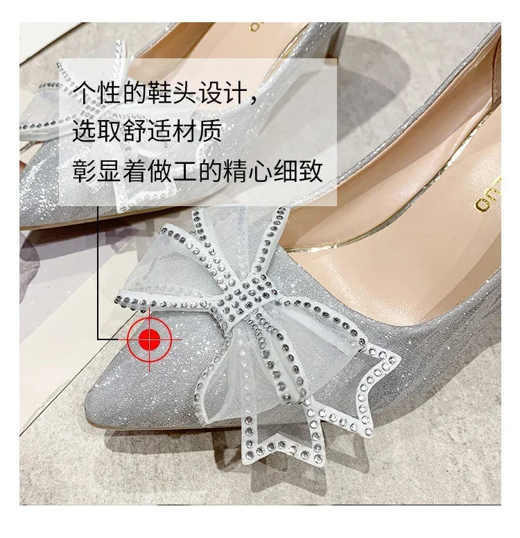 Women's Pumps Cinderella Shoe Rhinestone High Heels Women Pointed Toe Bow-knot Shoe Crystal Party Wedding Shoes Zapatillas Mujer