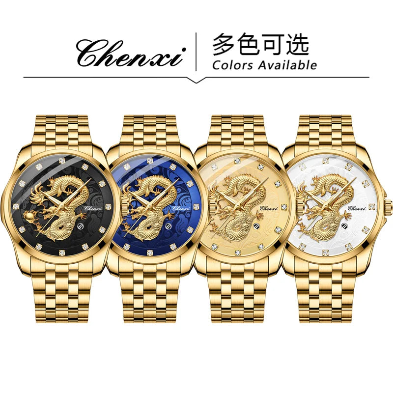 Chenxi 8220 Dragon Totem Embossed Calendar Waterproof Men's Chinese Style Wrist Watch Steel Band Business