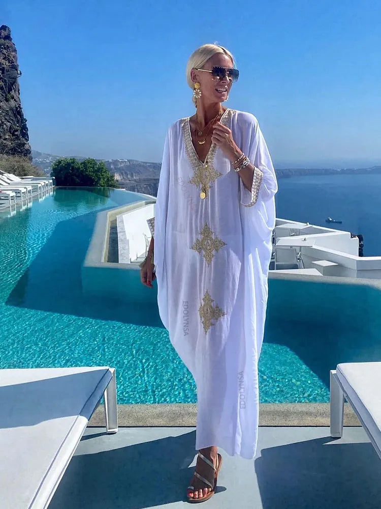 2023 Elegant Gold Embroidered Loose Kaftan House Robe Retro V-neck White Dress Women Summer Beach Wear Swim Maxi Dresses N1373