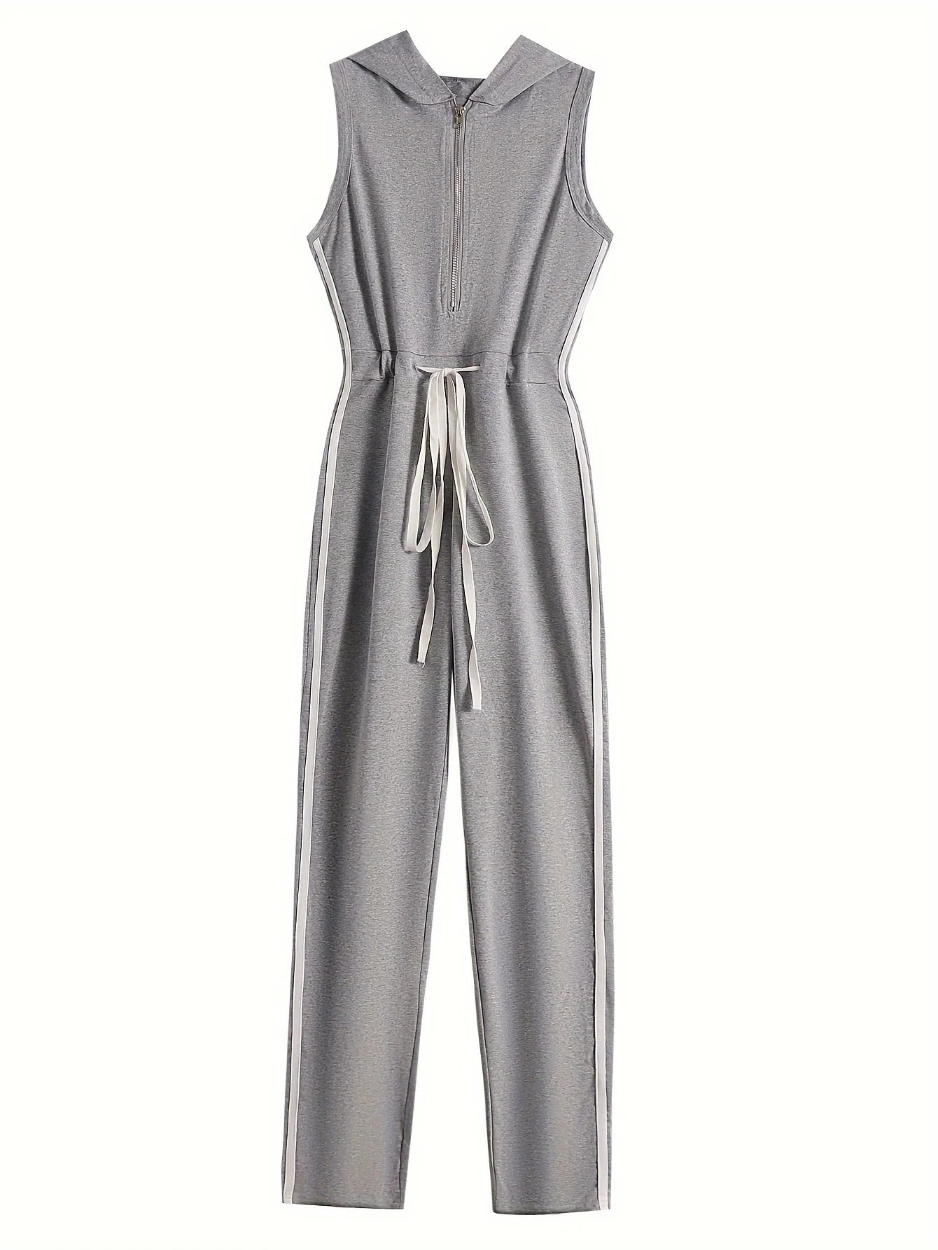 Women Deep V-neck Skinny Casual Striped Jumpsuits Zipper Work Out Sleeveless Long Overalls Grey Bodycon Workout Rompers