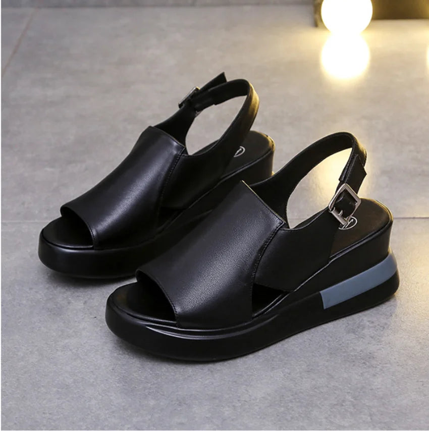 Thick-soled Wedge Sandals Women 2022 New Summer High-heeled Fish Mouth Women's Shoes Soft Leather High Platform Shoes Slippers