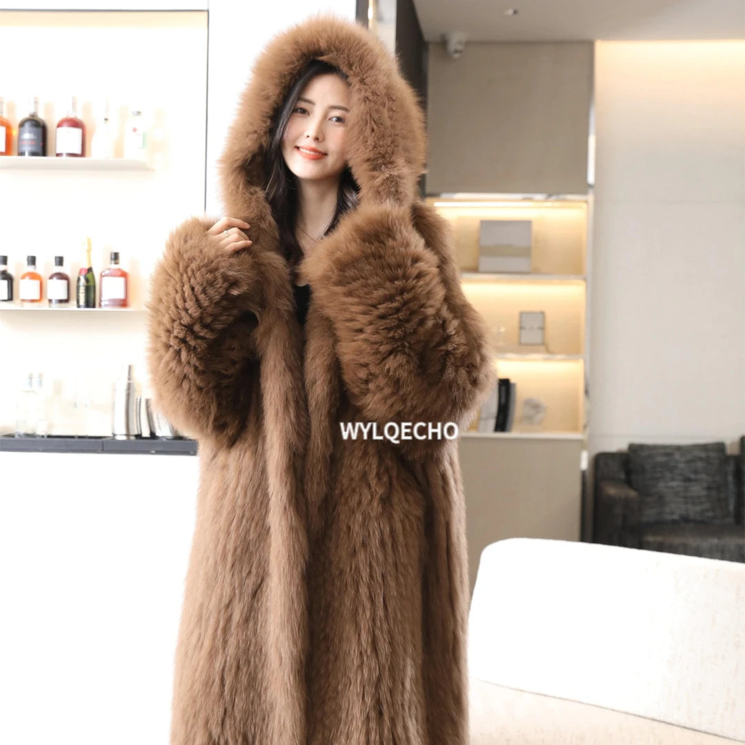 Luxury Winter Long Overcoats Women Oversized Lapel Hooded Faux Fox Fur Coat Jacket Female Large Size Outerwear Plush Fur Coats