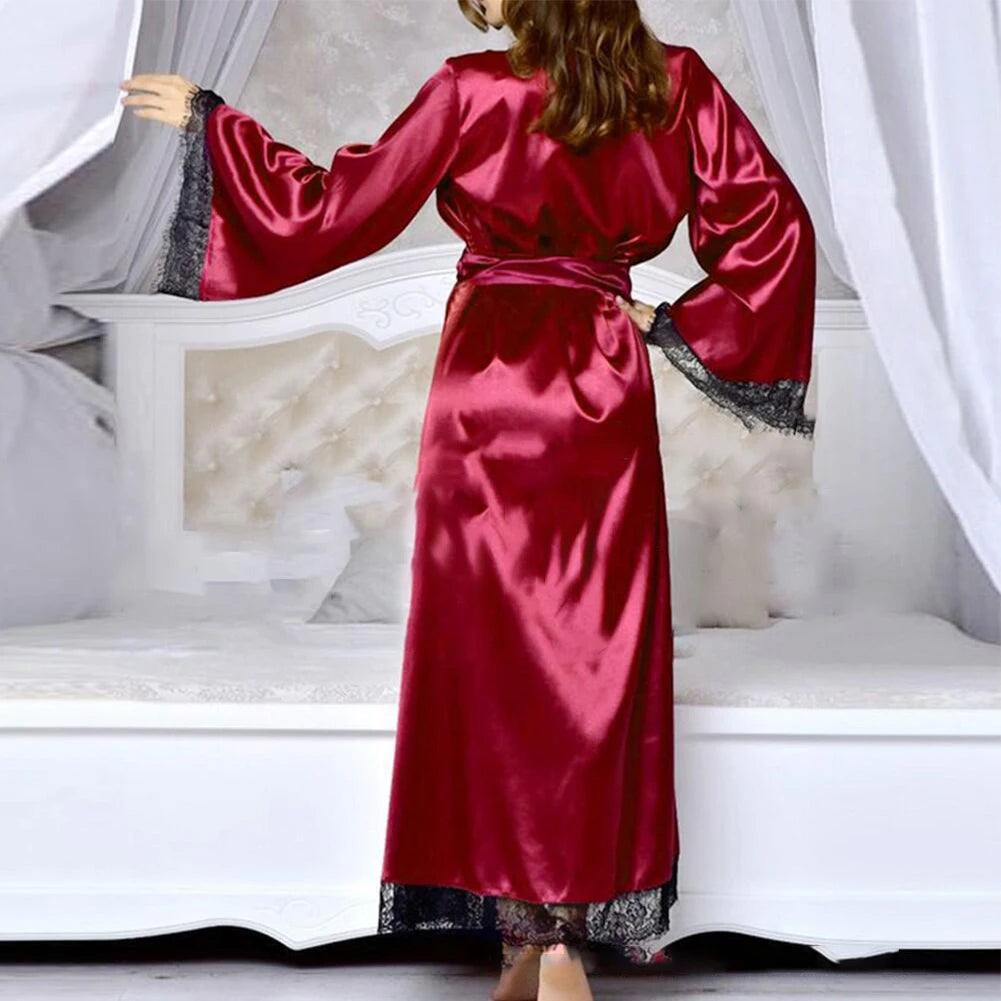 Sexy Women's Silk Satin Long Bathrobe Romance Lace Edge Kimono Robe Nightdress Nightgown Nightwear Sleepwear Home Clothes Female