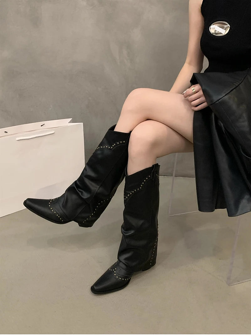 Autumn Winter Women Knee-High Boots Retro Style Western Knight Booties Pointed Toe Square Heels Female Shoes