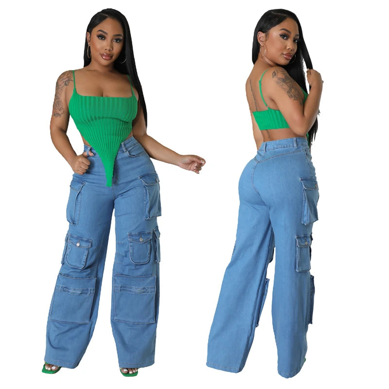 ZOMIGHT Pockets Wide Leg Woman Blue Cargo Jeans Womens Vintage High Waist Baggy Denim Pants Casual Loose Trousers Streetwears