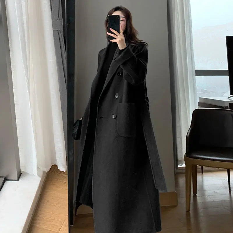 Winter Trench Coat For Women Elegant Fashion Korean Casual Wool Coat Navy Blue Lace-up Long Jacket  Black Woman Coat With Blet