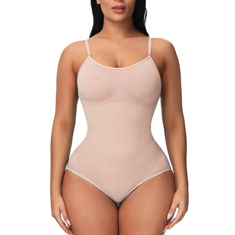 Beige Brief V-Neck Spaghetti Strap Bodysuit – Slimming Open-Crotch Shapewear for Women