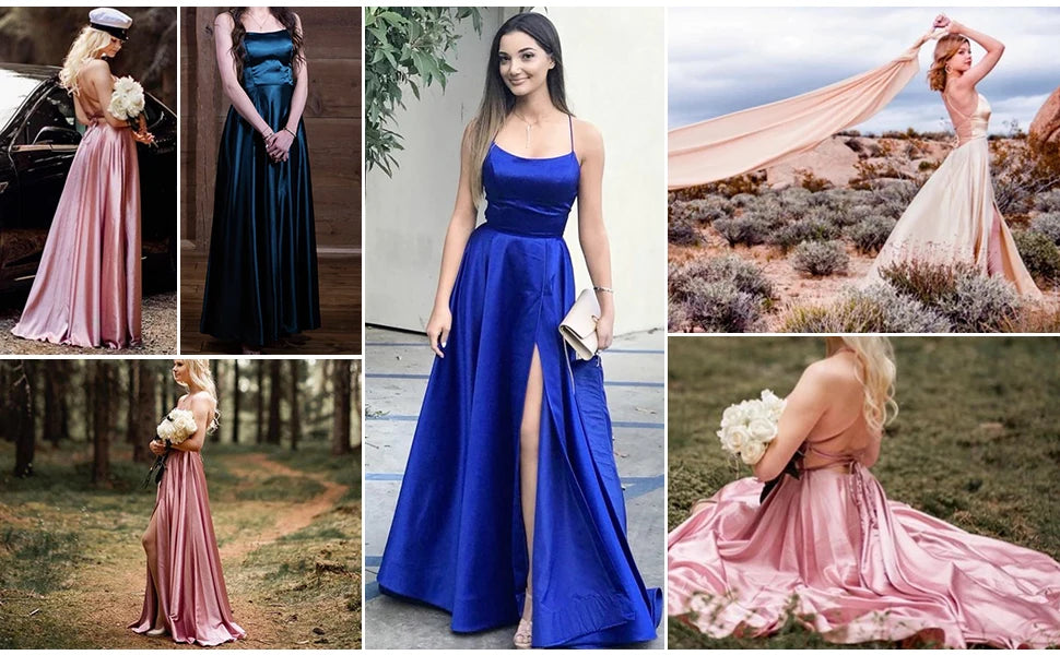 Women 2024 Pink Spaghetti Strap Satin Prom Dress Elegant Long Backless A-line Maxi Simple Evening Party Gown Vestidos Gala