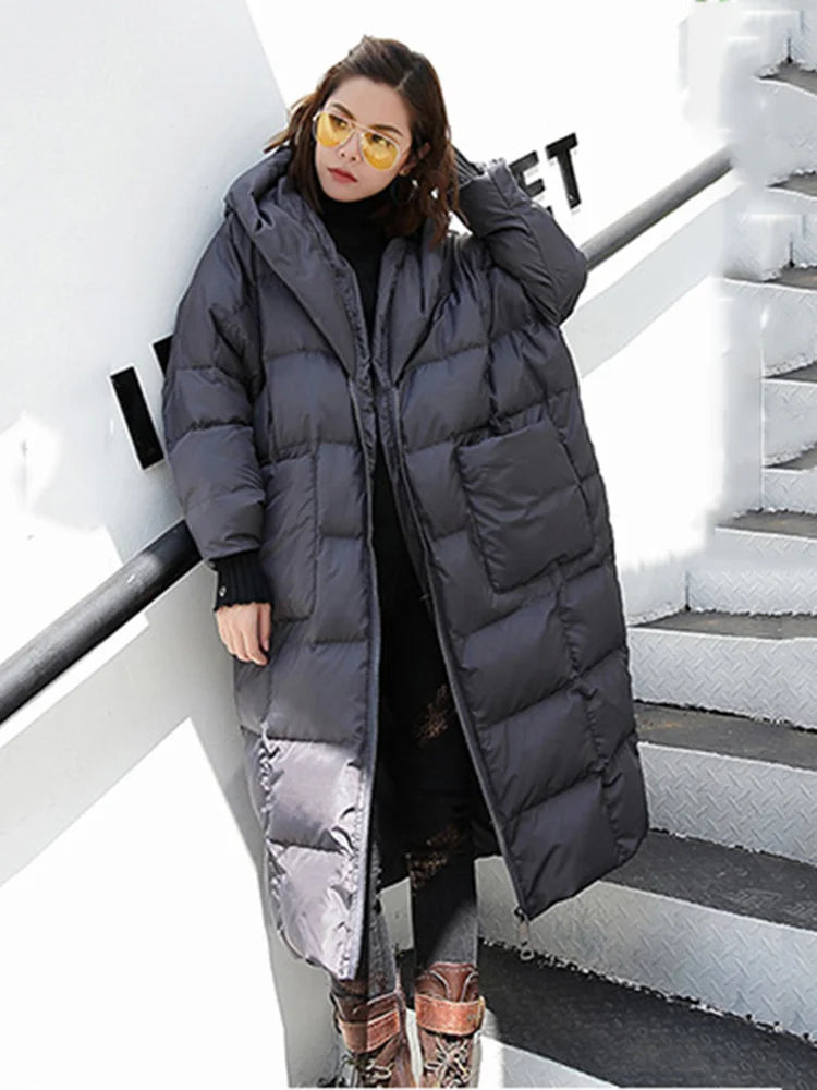 [EAM] Big Size Long Hooded Cotton-padded Coat Long Sleeve Loose Fit Women Parkas Fashion Tide New Autumn Winter 2024 JD1210