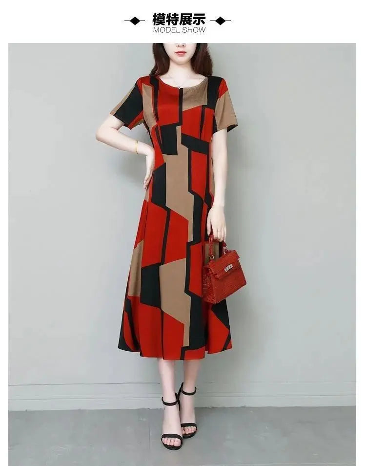 Office Lady Geometric Vintage Floral Printed Midi Dress 2023 Summer A-Line Stylish Spliced Women's Clothing Casual Loose Dresses