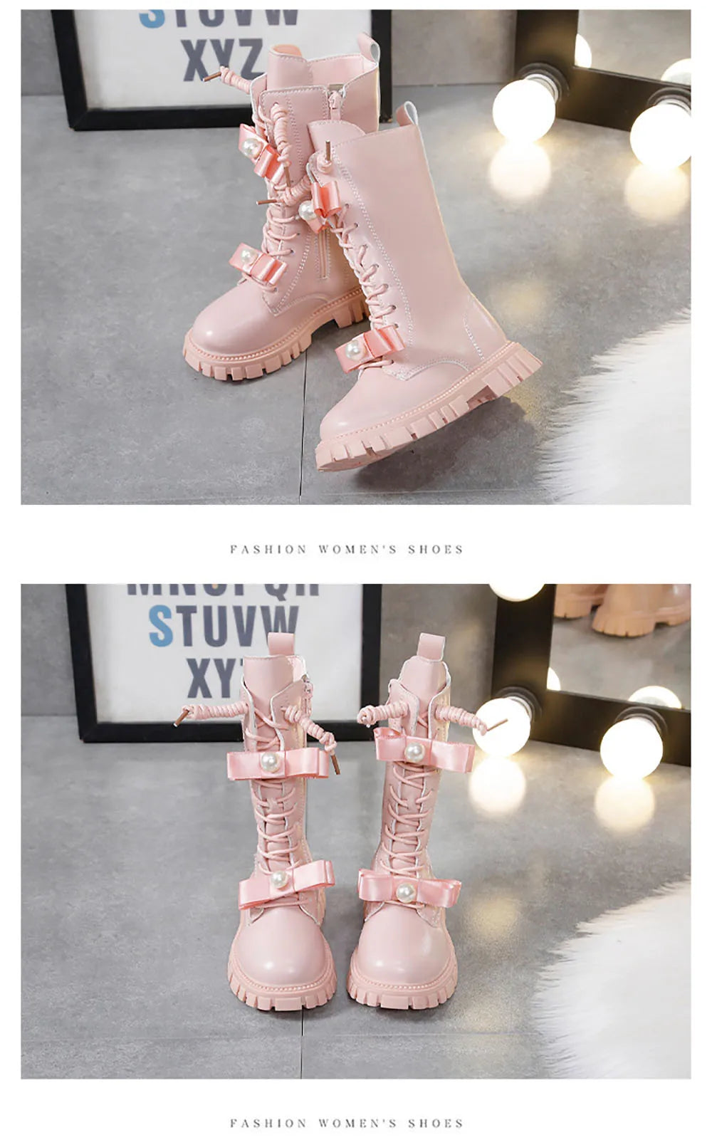 Winter Long Boots For Girls Luxury Pearl Bow Teenager Girl's Fashion Boots Faux Fur Thick Warm Cotton Snow Boots For Girls