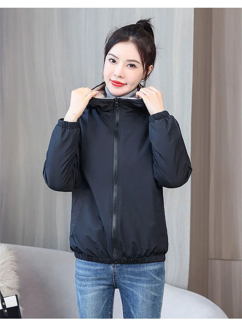 Add Velvet Padded Coat Women 2024 Winter Hooded Outerwear Ladies Warm Cotton-Padded Jacket New Fashion Overcoat Short Female Top