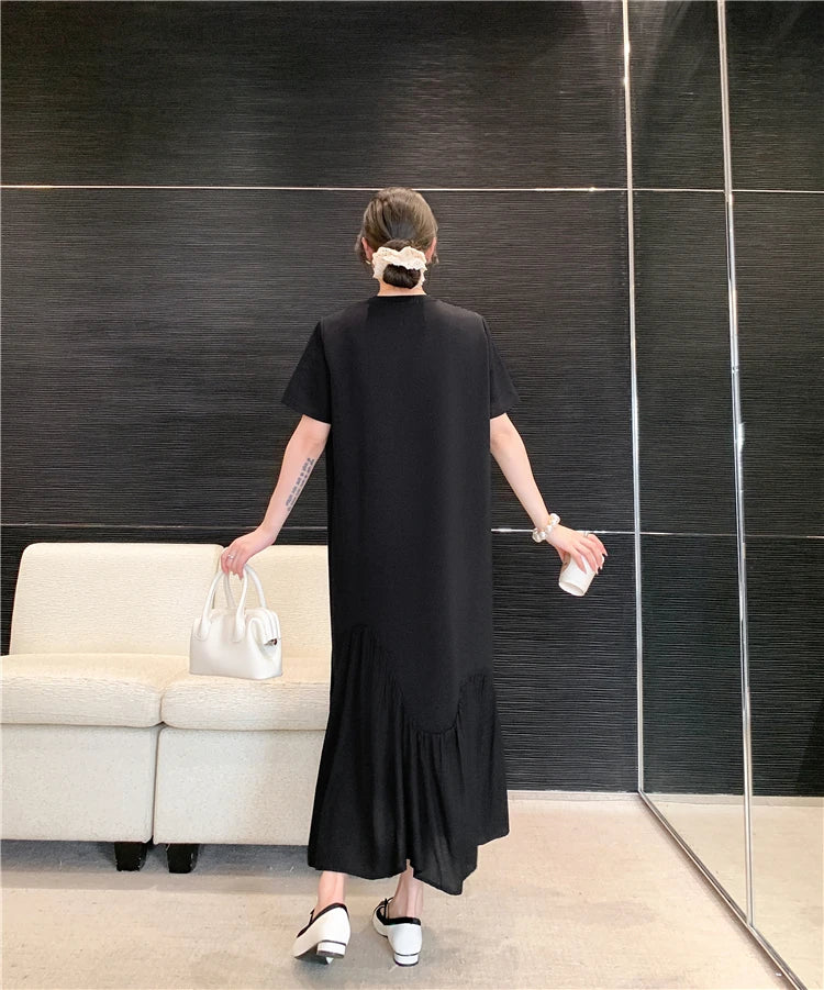 NYFS 2024 Summer New Korea Irregular Woman Dress Vestidos Robe Elbise Loose Plus Size Patchwork Short Sleeve Long Dress