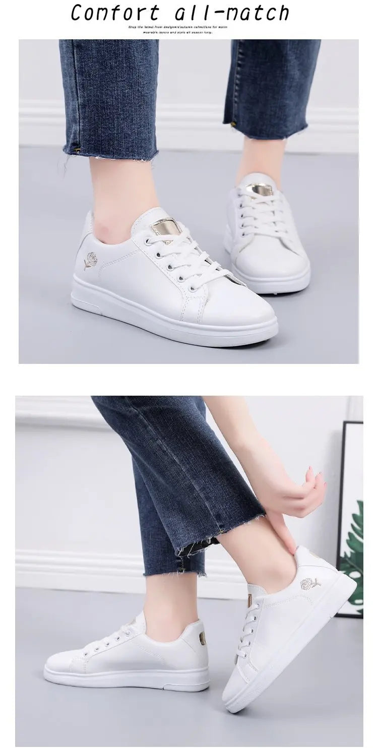 Women Casual Shoes Spring Autumn Sneakers Fashion White Breathable Embroidered Flower Lace-Up Tennis shoes