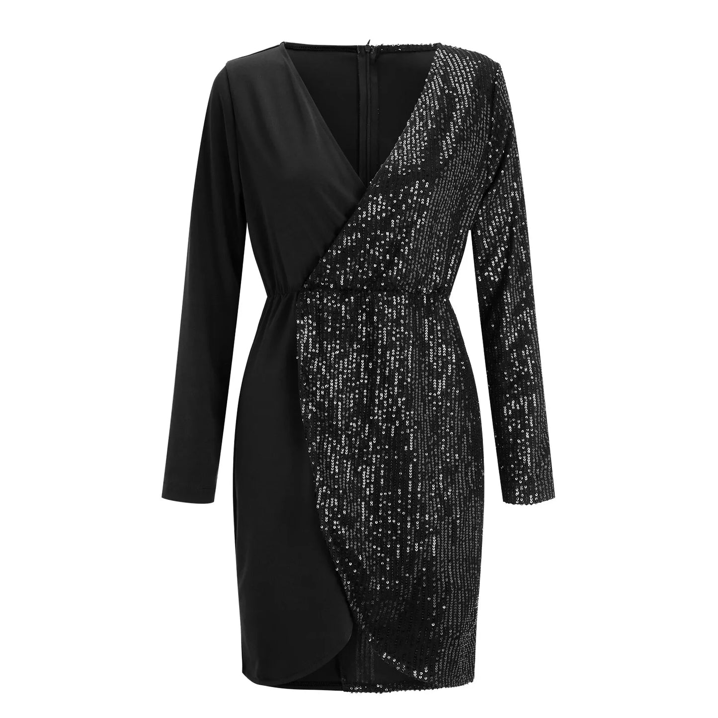 Sexy V-neck Sequins Patchwork Dress New Women Long Sleeve Short Dress Luxury Elegant Slim Lady Party Dresses Office Vestidos