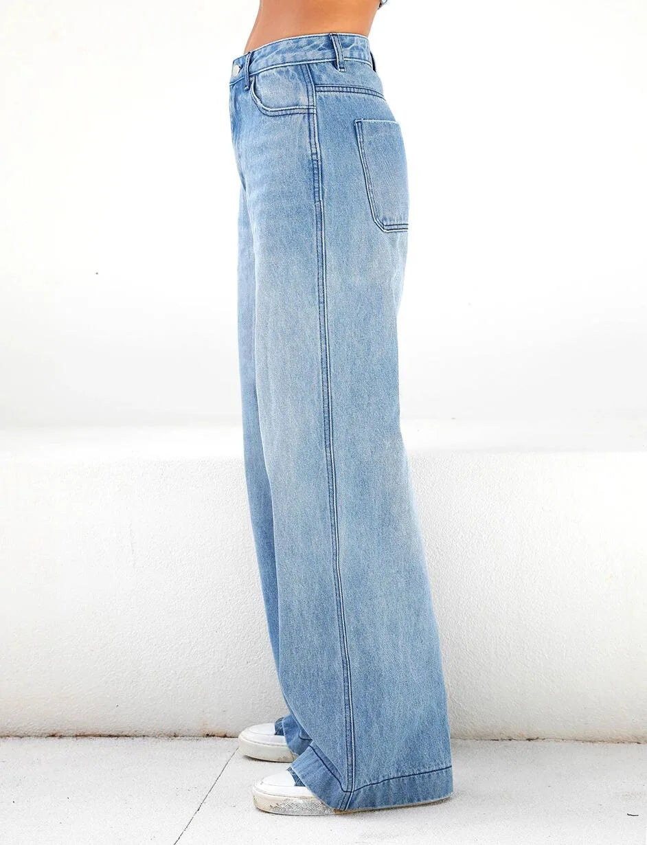 Women Jeans Wide Leg Pants Denim Pockets Streetwear Loose High Waist Full Length Washing Zipper Fly Flat Solid Color 2024