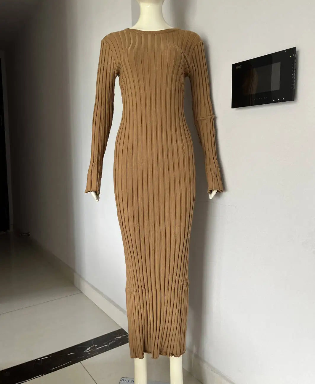 Lace-Up Female Knit Maxi Dress Autumn High Waist Fashion Patchwork Long Sleeve Loose Solid Dress Bandage Knitwear Dress